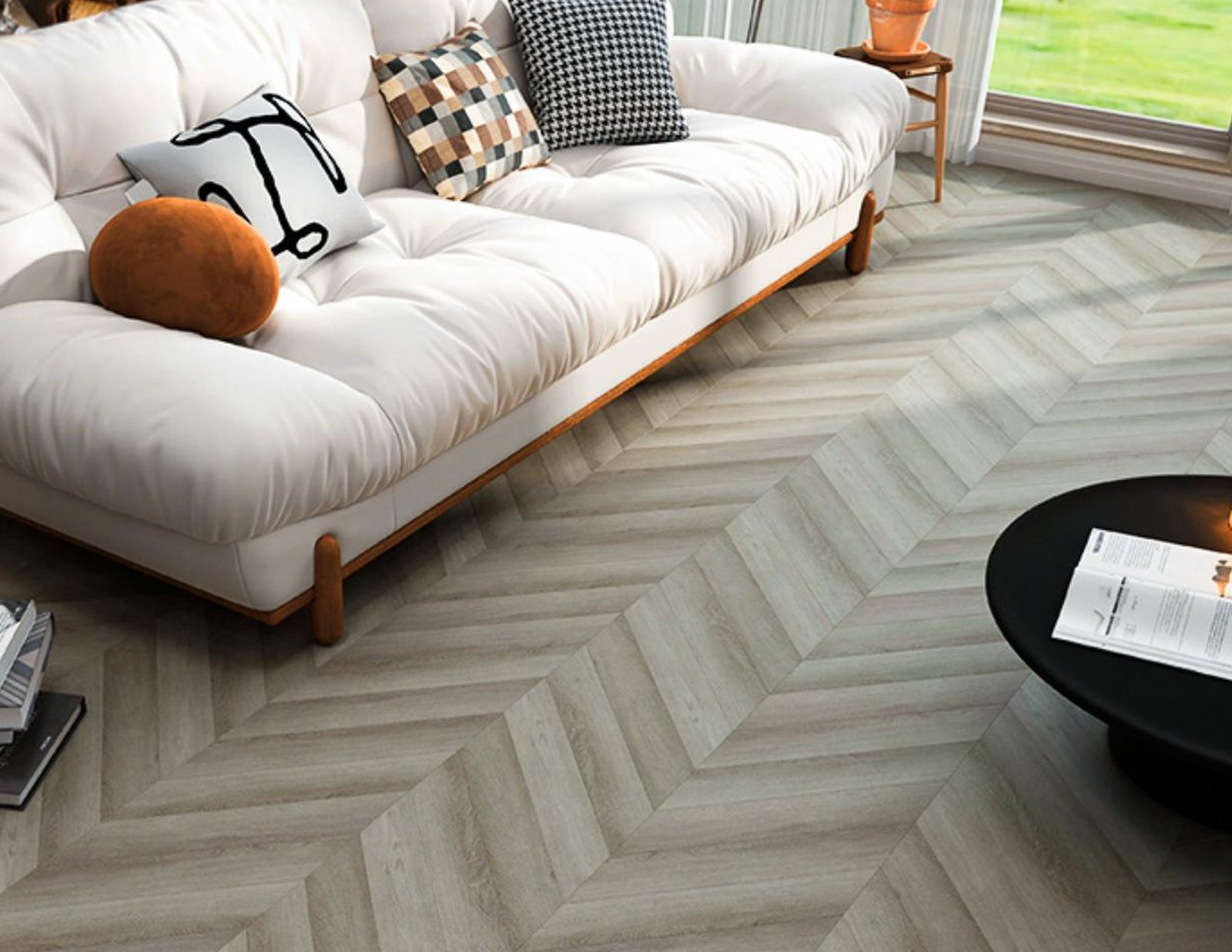 Living room with Richmond SPC Chevron Cappuccino flooring