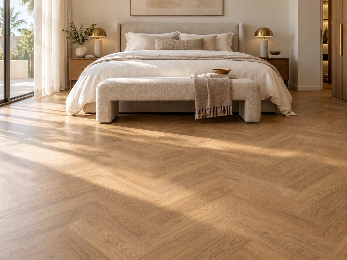 Warm herringbone flooring beneath morning light in a calm bedroom with linen bedding.