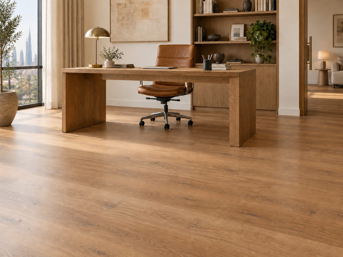 Mid-tone flush-jointed flooring in a home office with an oak desk and leather chair.