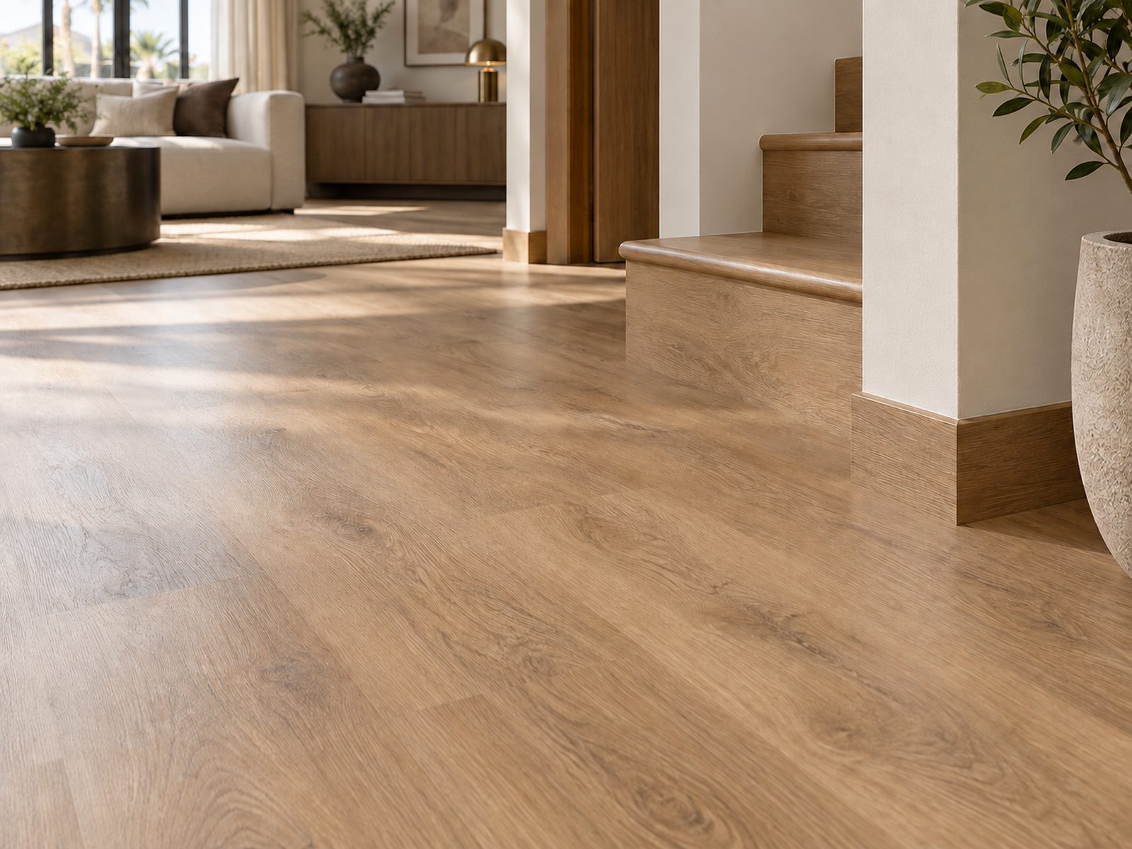 Matching skirting meets a flush plank floor, with a coordinating stair nose behind.