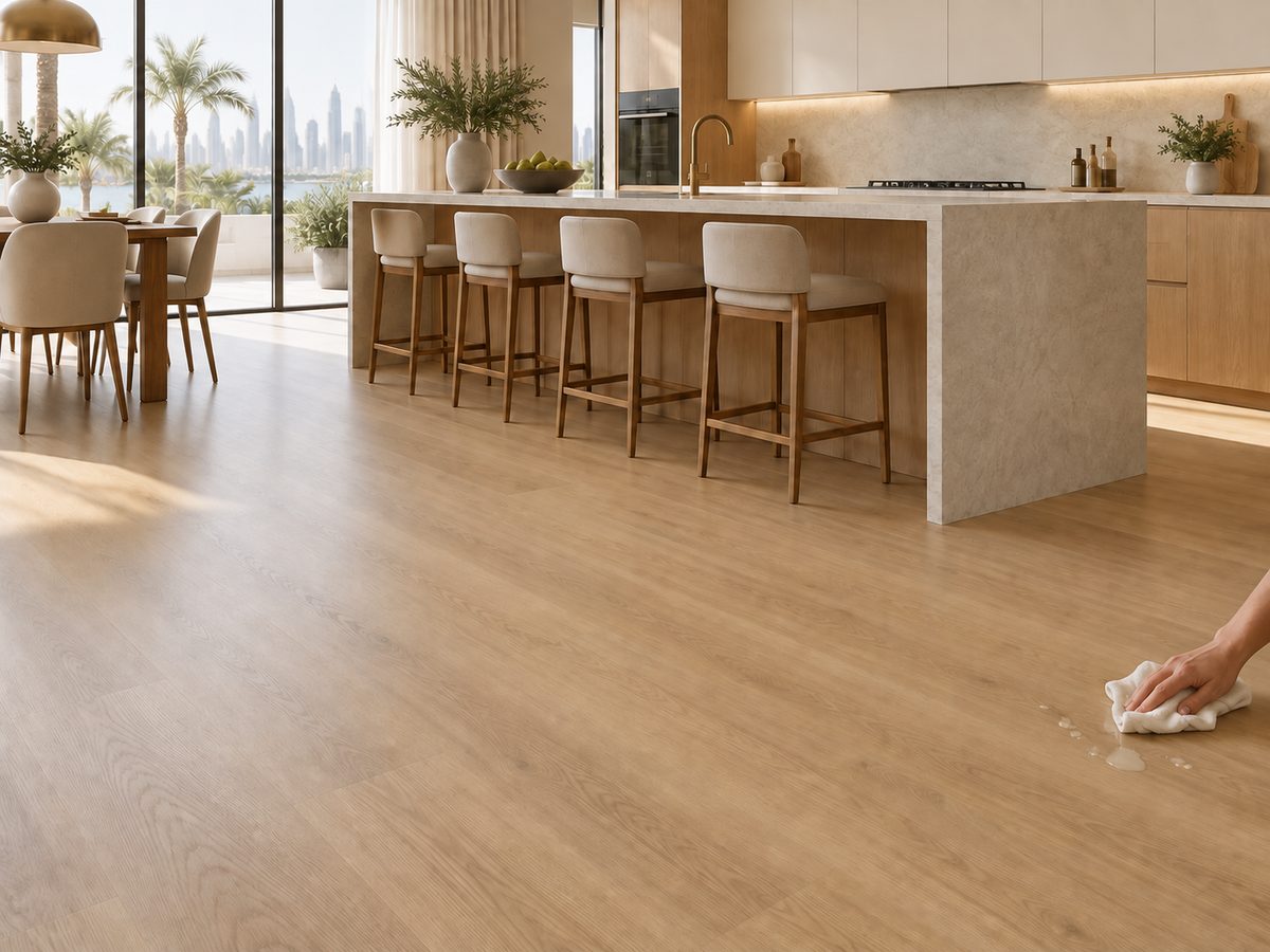 Light flush-jointed plank flooring in a bright kitchen, with a small spill being wiped away.