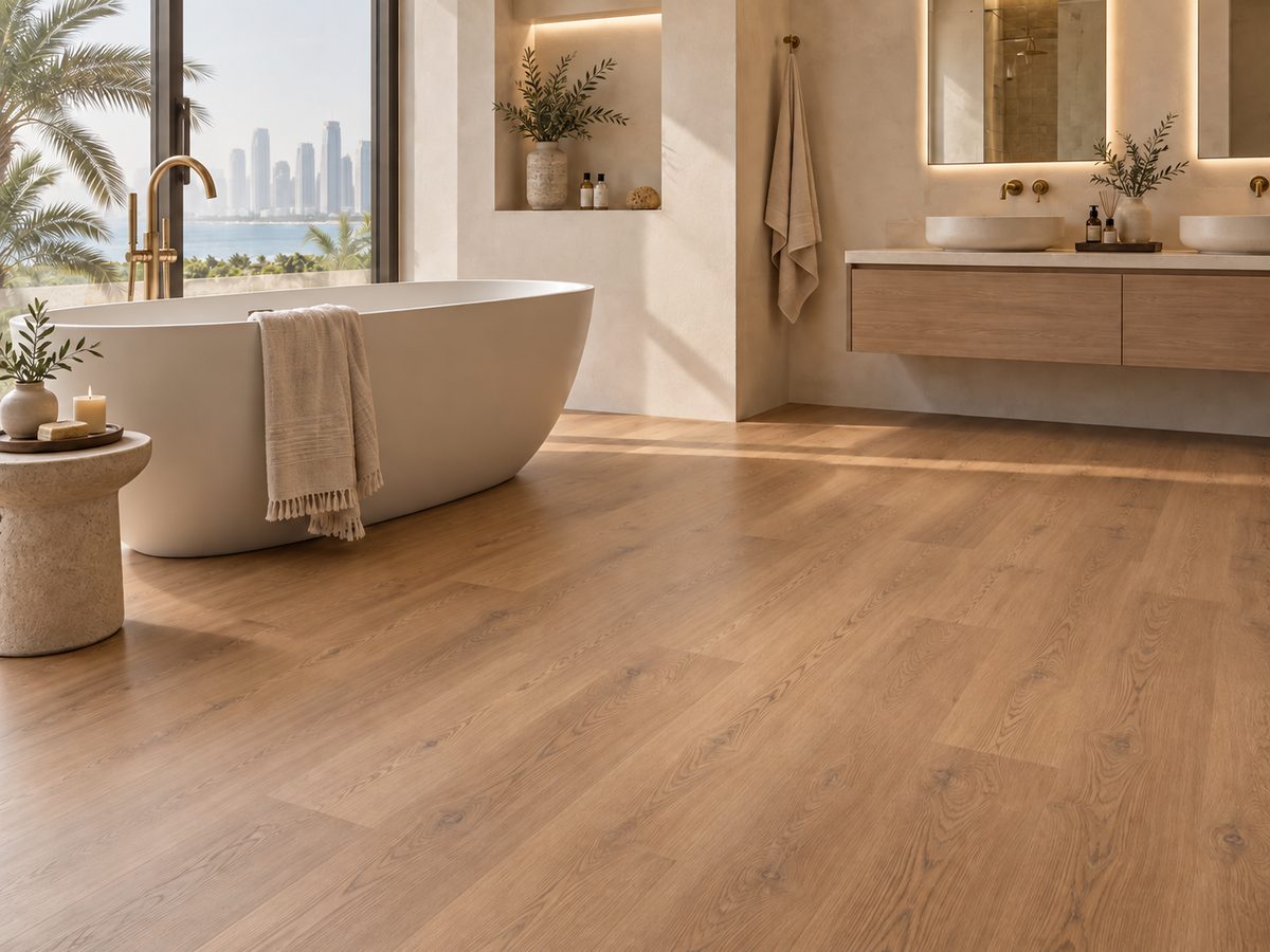 Mid-oak flush-jointed plank floor beside a freestanding bath and warm plaster walls.