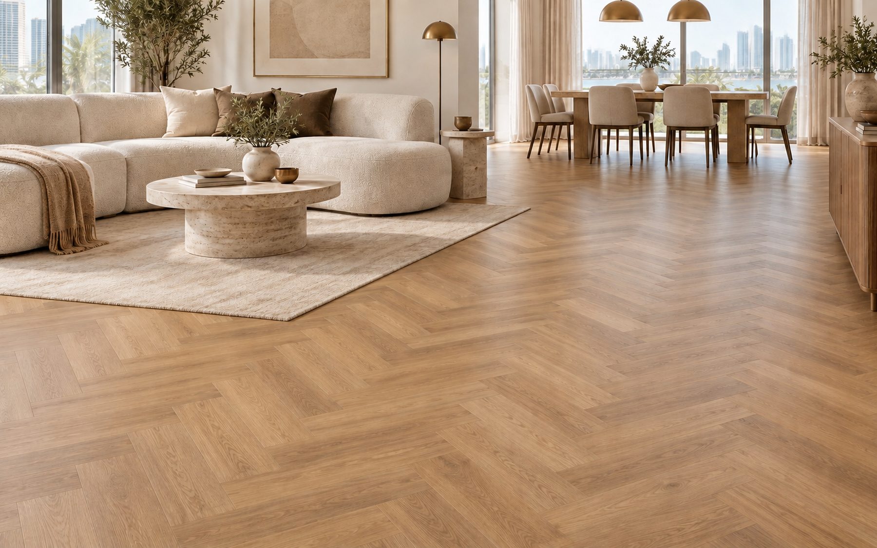 Warm herringbone flooring across an elegant living and dining room with tall windows.