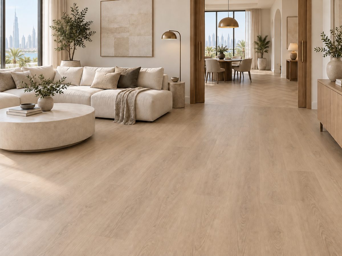 Pale straight-plank flooring in an airy room, with herringbone visible through a doorway.