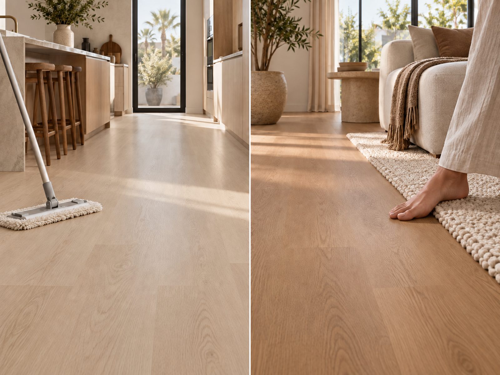 Side-by-side scenes of a kitchen floor being mopped and a warm floor beside a rug.
